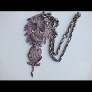 Vintage Alan Pink and Silver Lion Pendant on 24 In. Alloy Link Chain